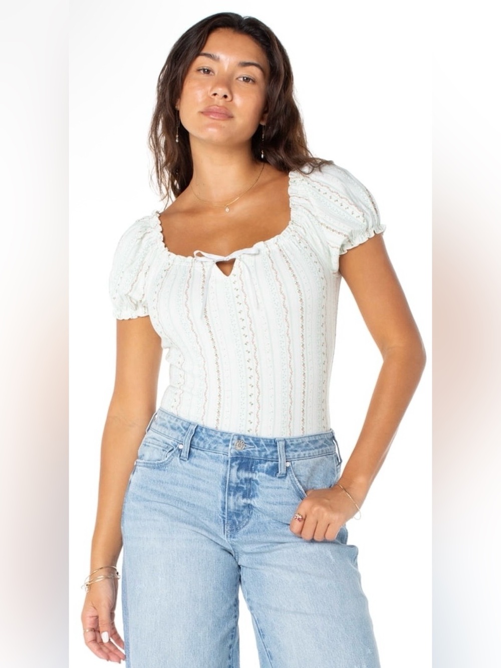 NWT Celebrity Pink White Lace-Up Puff Sleeve Bodysuit Size Large